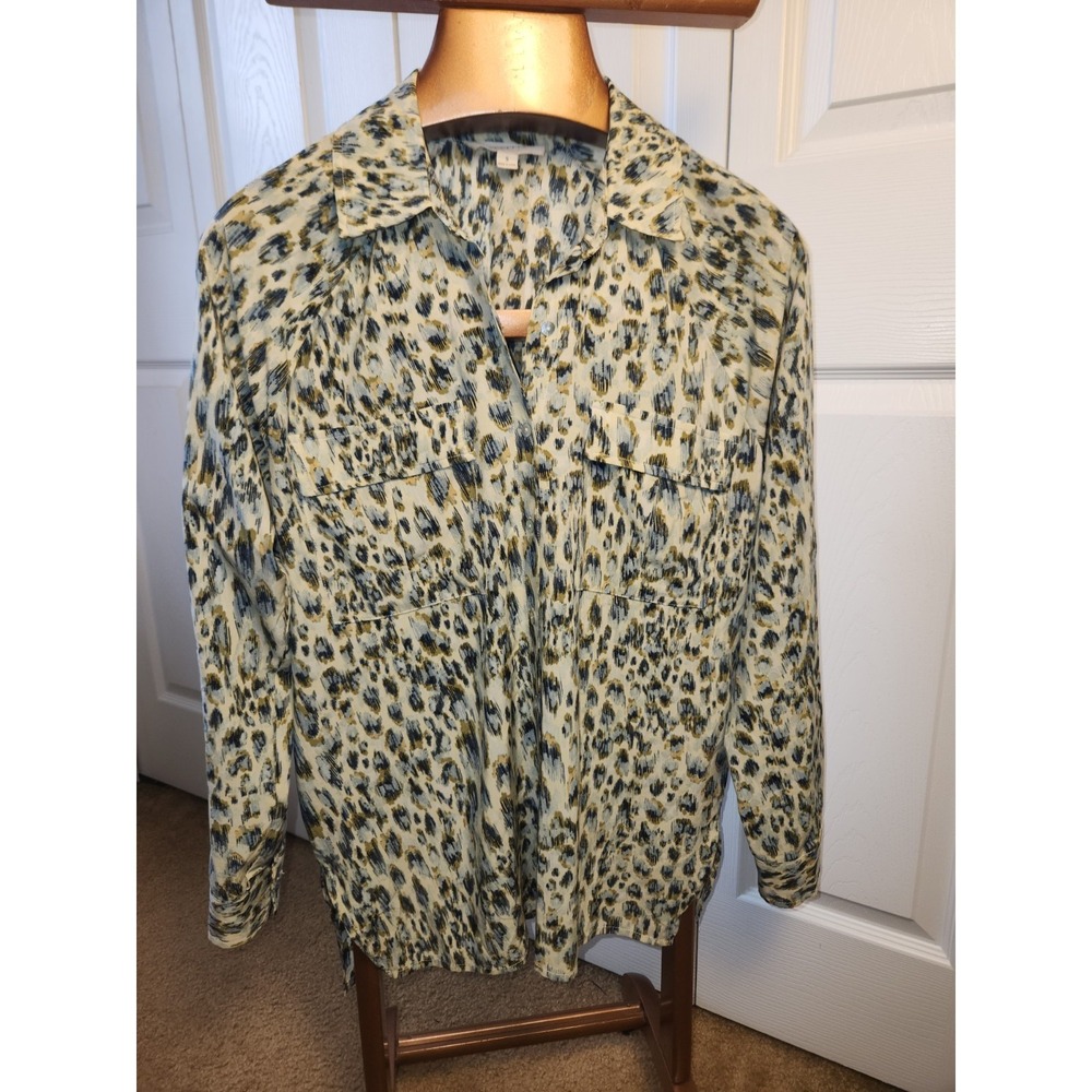 Lovestitch Long Sleeve Button Up Blouse Blue/Yellow Leopard Print Size Small